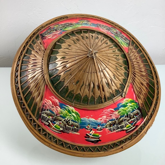 VTG Asian Wicker Bamboo Hat hand painted Gardening Beach Field Handmade SZ OSFM - Picture 2 of 12
